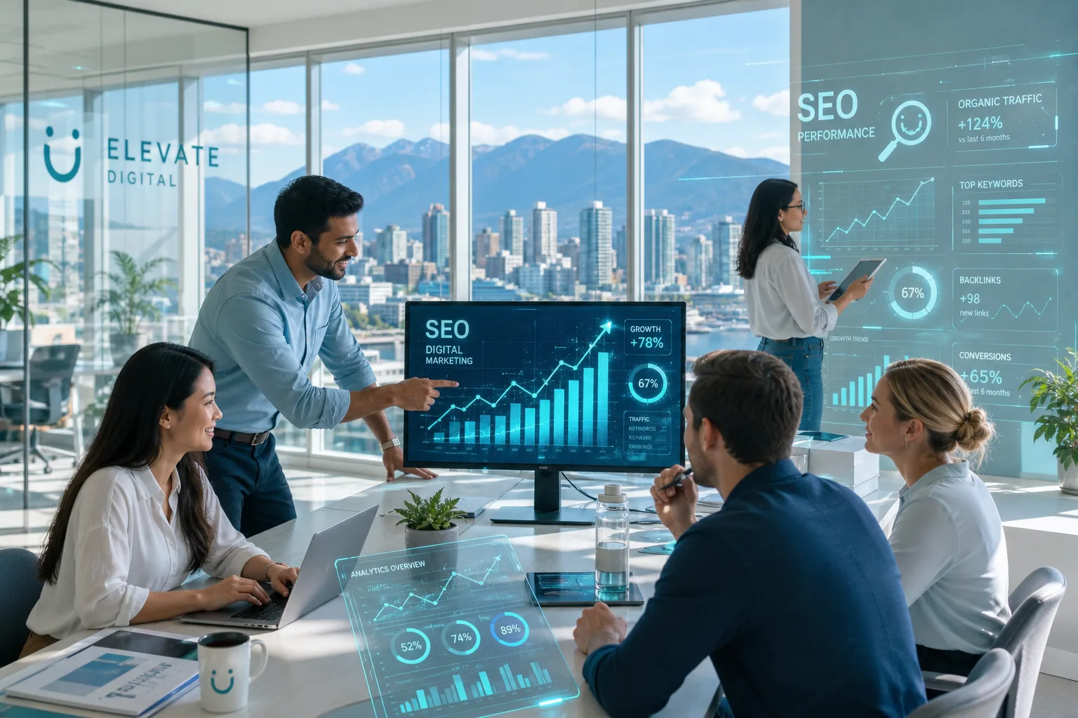 Bright Vancouver office with a professional team collaborating around analytics screens, mountains visible through windows