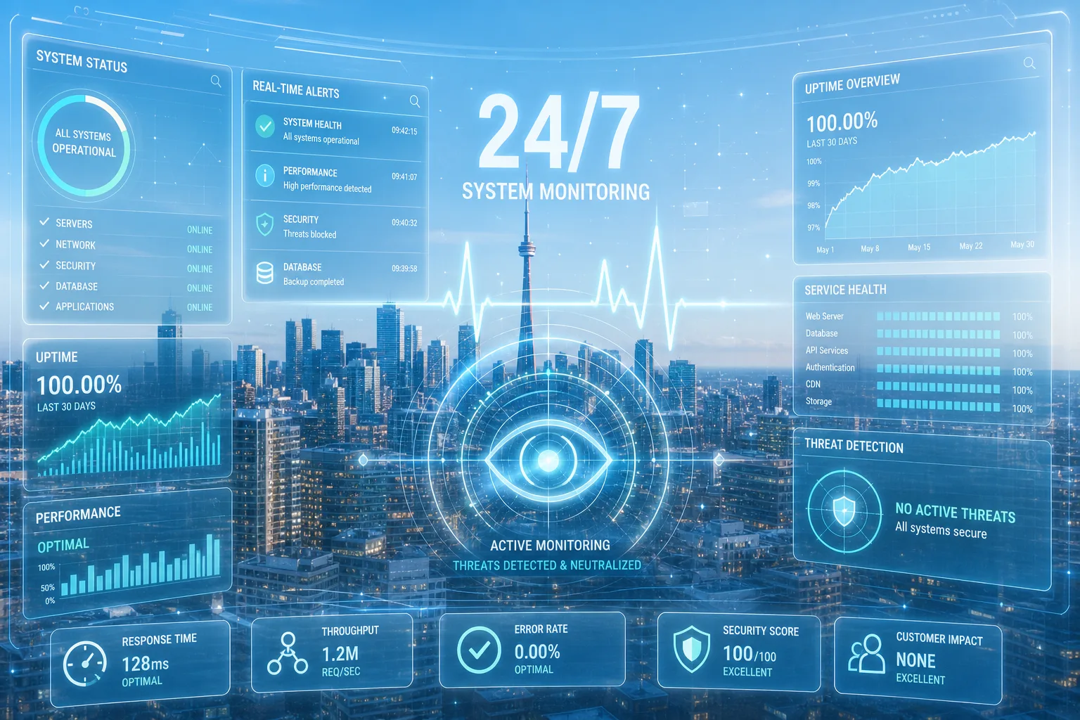 AI Agent 24/7 Monitoring — illustrated concept in light holographic style