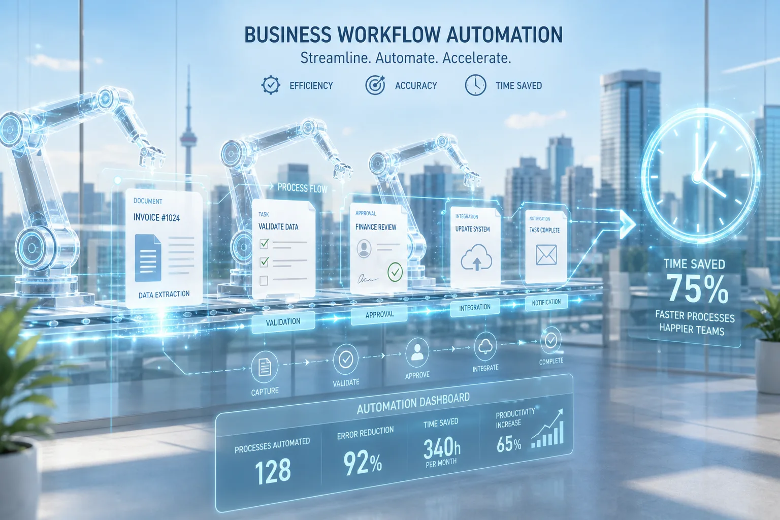 Business Automation — illustrated concept in light holographic style