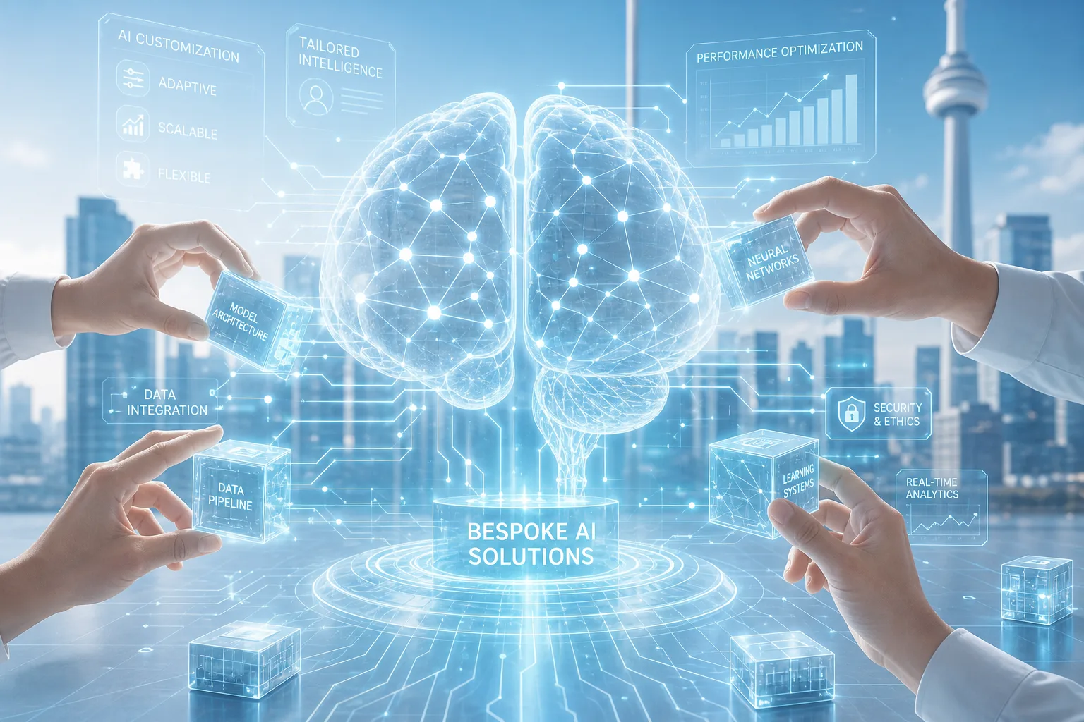 Custom AI Solutions — illustrated concept in light holographic style