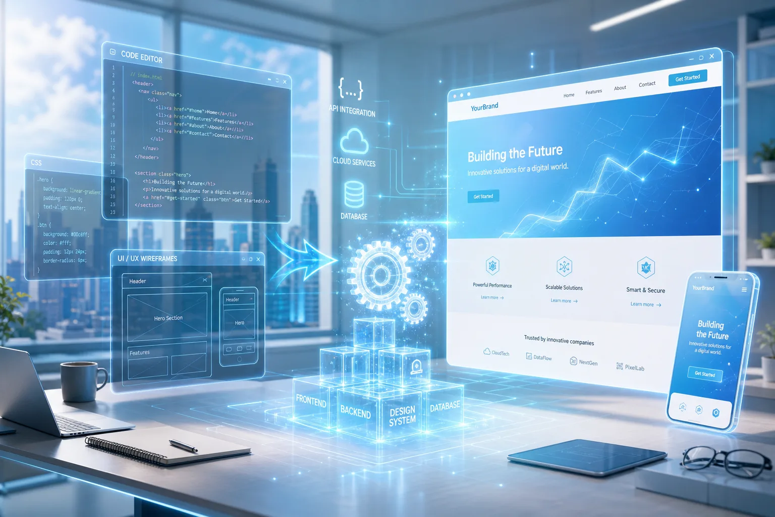 Custom Web Solutions — illustrated concept in light holographic style