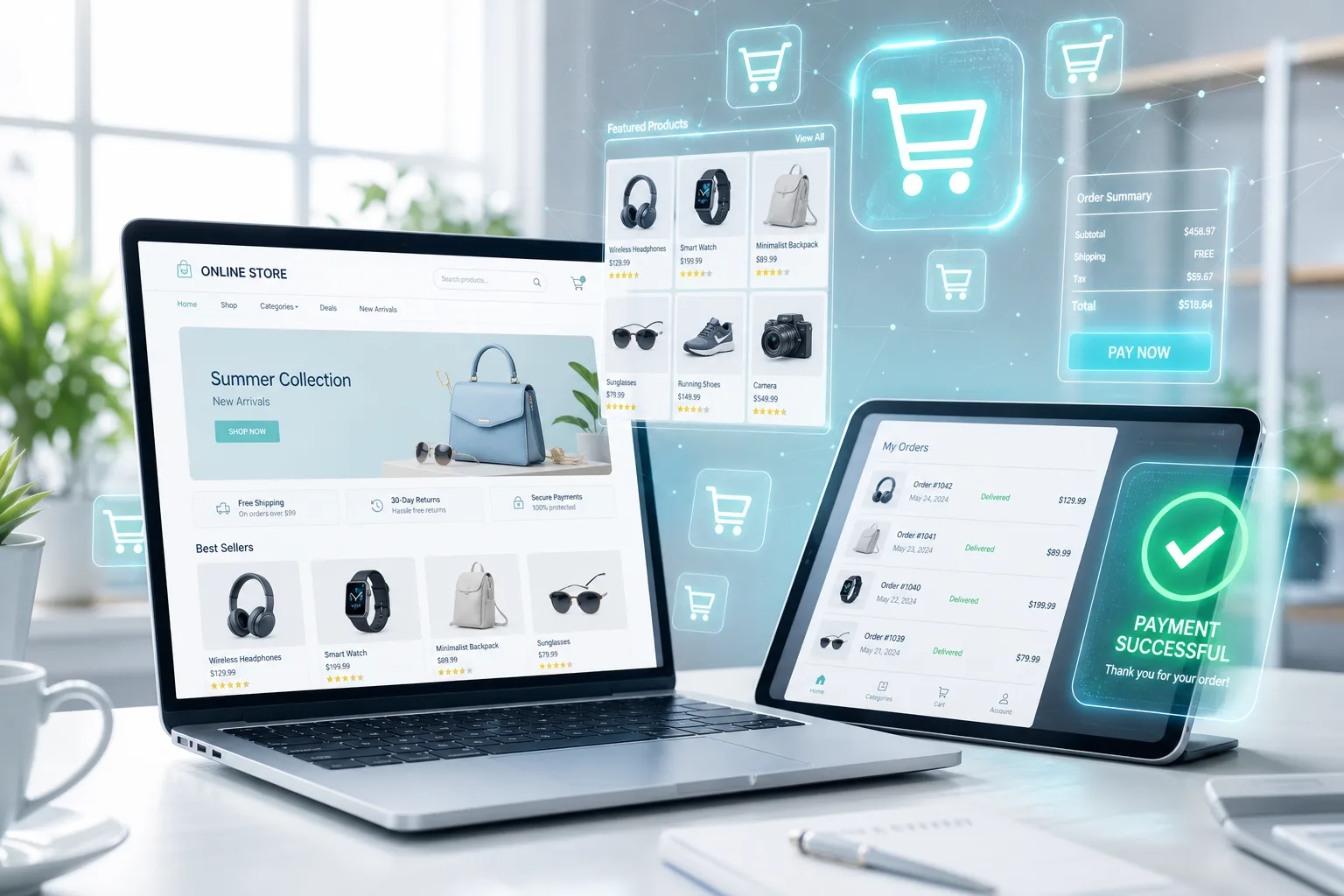 E-Commerce Platforms — illustrated concept in light holographic style