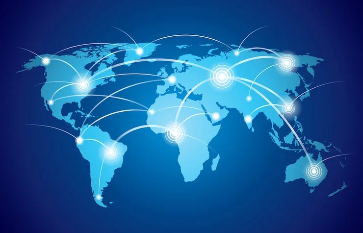 Map with glowing network connection points linking cities together