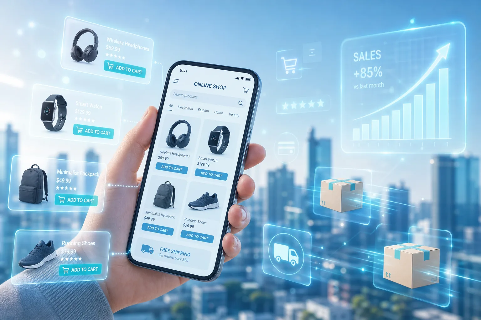 Online Stores — illustrated concept in light holographic style