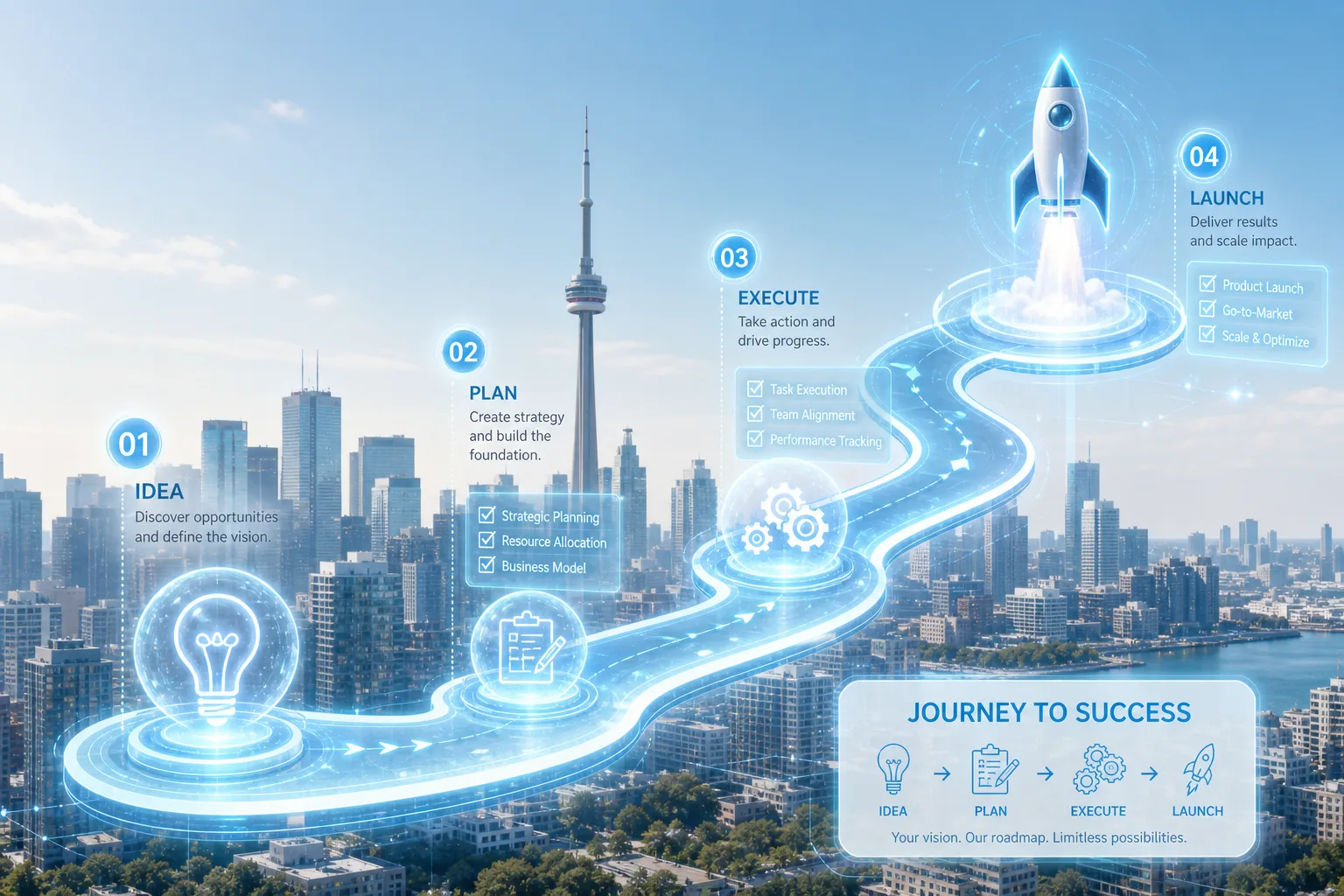 Glowing four-step roadmap from an idea lightbulb to a rocket launch with milestone markers