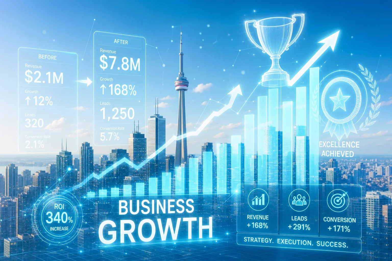 Rising bar charts, upward arrows and trophy holograms celebrating business growth