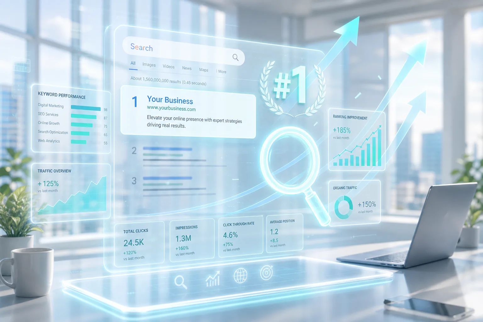 SEO Integration — illustrated concept in light holographic style
