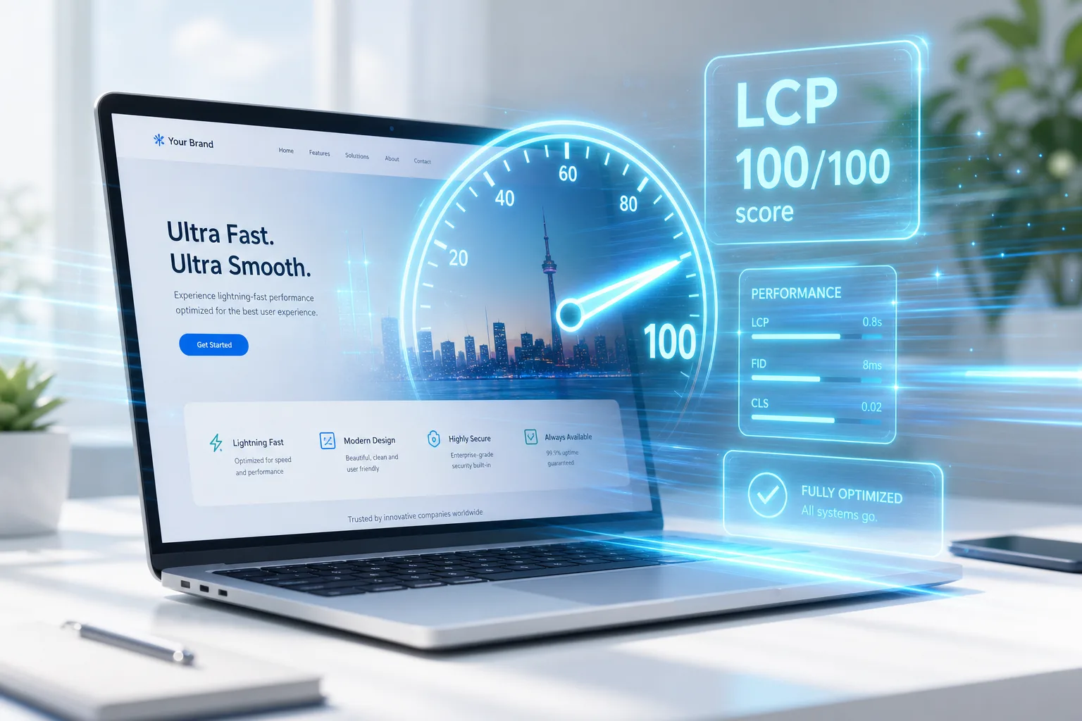 Ultra-Fast Professional Websites — illustrated concept in light holographic style